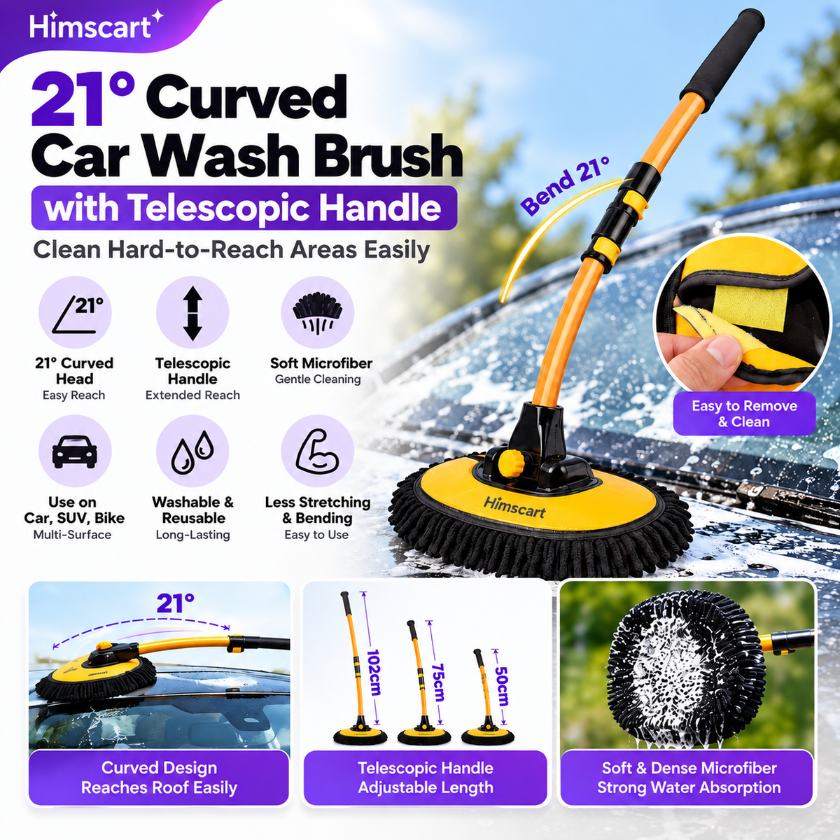 21° Curved Car Wash Brush with Telescopic Handle